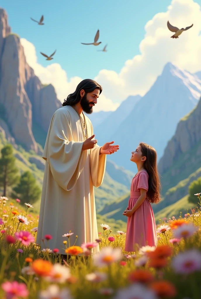 Create an image of Jesus from the biblical story with a white dress Along with a girl of about  kneeling in a pink dress with loose hair.
Environment with lots of mountains and flowers.
 with birds flying,  um dia ensolarado.
disney pixar style 3d 