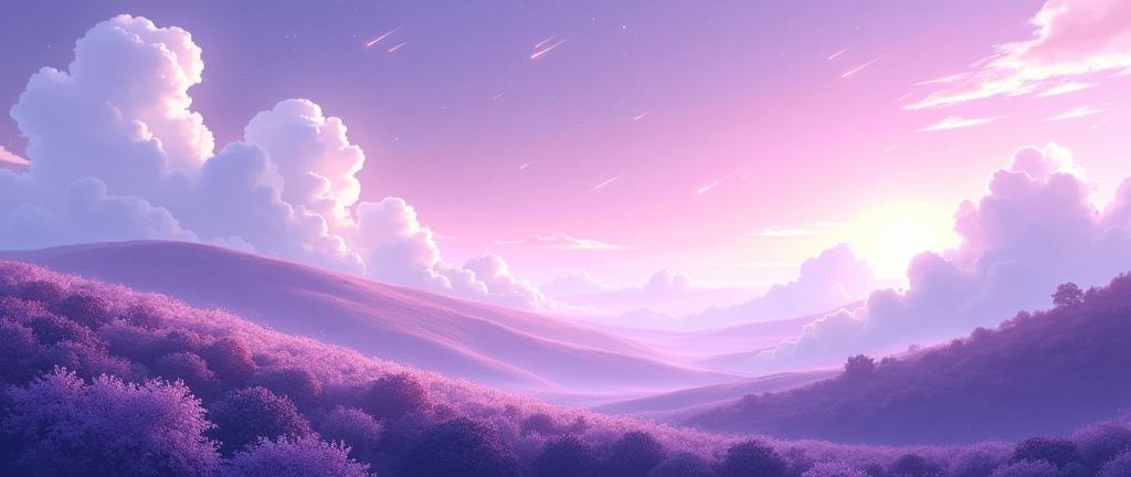 make an anime landscape with purple tones, white clouds and shooting stars