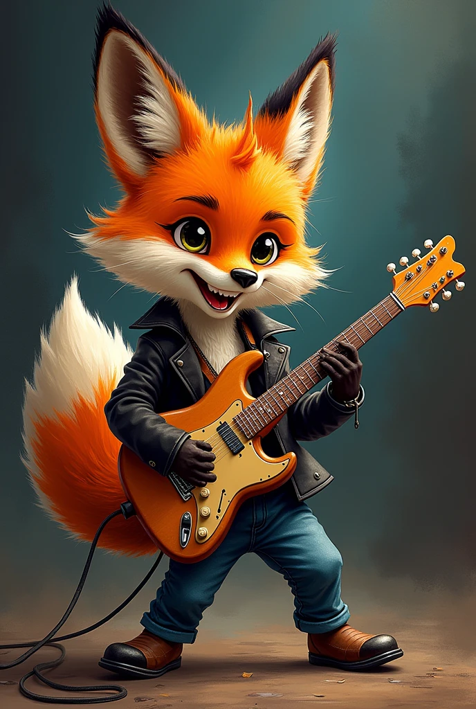 Fox playing guitar, rock and roll and funky. black back and half body blurred bottom.
The draw is more cartoon and more fonky. The draw is more grungy and pencil stiyle