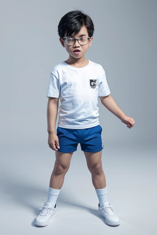 3D animation young thai boy big head, glasses, (make an angry face and up his fists), white shirt blue short pants brown belt, white socks, black cut shoes, on white background.