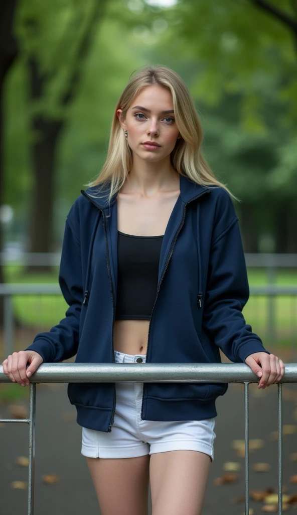 The following features can be seen in this image:: - A woman is in the picture.
- A woman is shown in the image. She is young, blonde, and appears somewhat expressionless.
- The woman is wearing a navy blue sports jacket with a black top underneath.
- On the lower half of her body, she is wearing white shorts.
- The background is a park-like scene surrounded by green trees, and the trees are dark green.
- The woman is standing in front of a metal fence, her hands resting on it.
- The overall impression is sporty and casual.