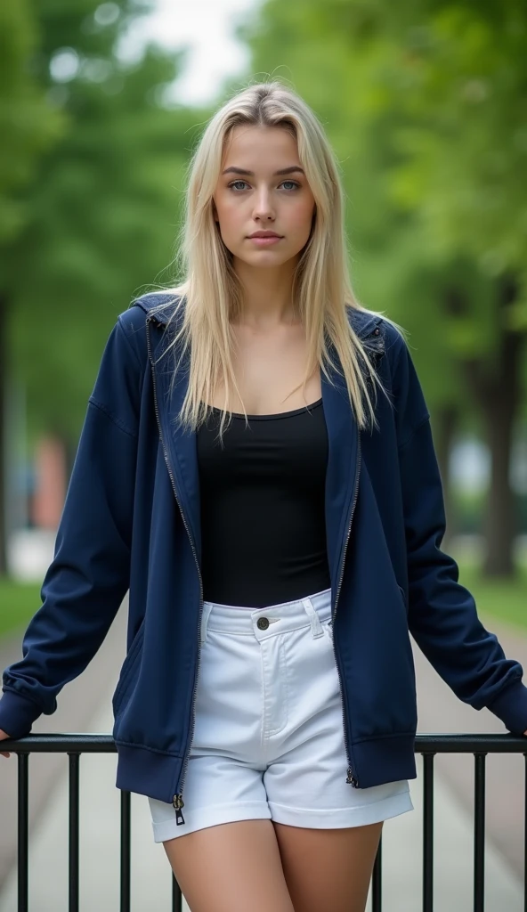 The following features can be seen in this image:: - A woman is in the picture.
- A woman is shown in the image. She is young, blonde, and appears somewhat expressionless.
- The woman is wearing a navy blue sports jacket with a black top underneath.
- On the lower half of her body, she is wearing white shorts.
- The background is a park-like scene surrounded by green trees, and the trees are dark green.
- The woman is standing in front of a metal fence, her hands resting on it.
- The overall impression is sporty and casual.