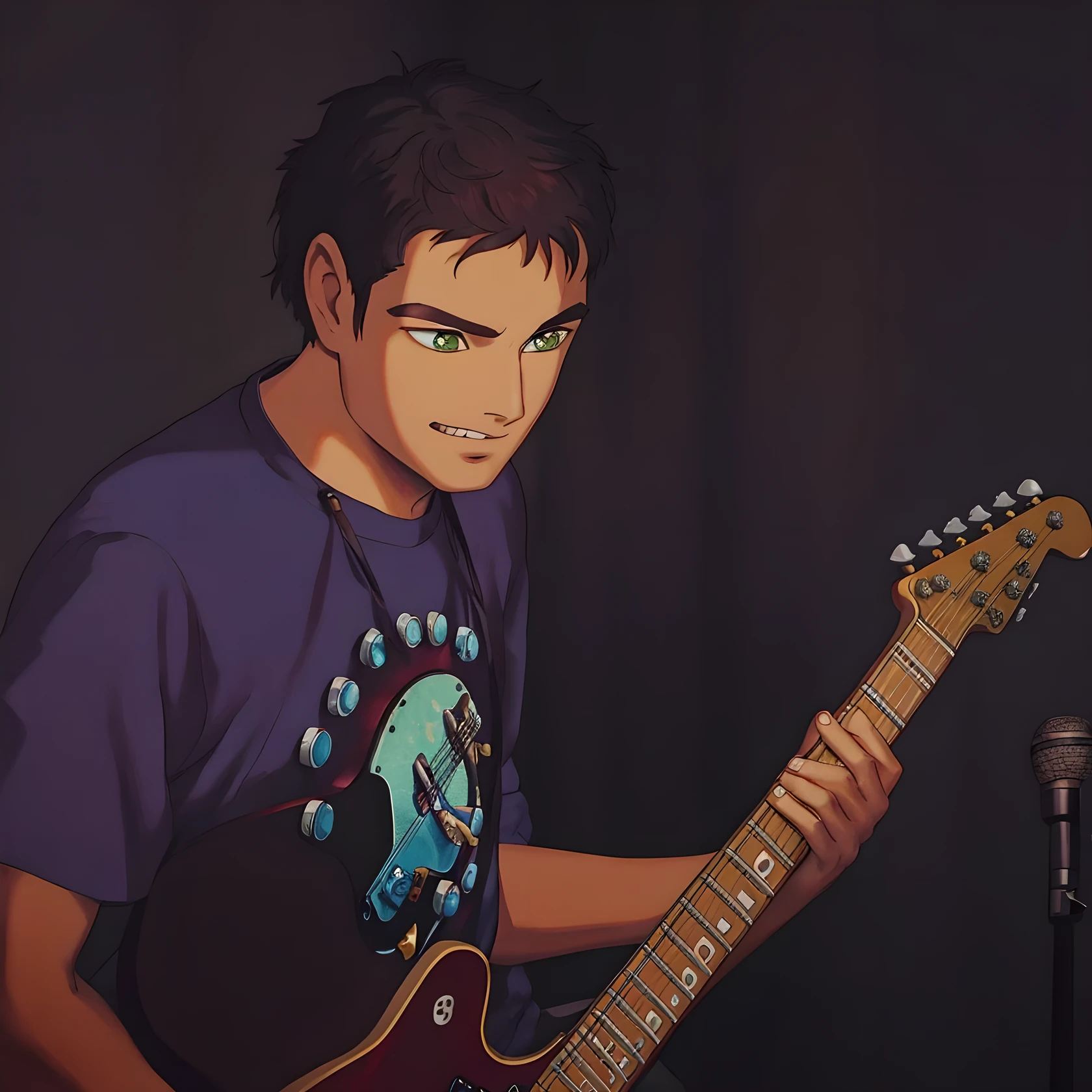 arafed man playing a guitar in a recording studio, playing guitar onstage, rocking out, performing on stage, guitar solo, playing the guitar, he is a rockstar, guitarist, jamming to music, playing a guitar, playing guitar, playing electric guitar, playing a gibson les paul guitar, emad mostaque, lead guitar, performingHD, (Best Detail), (Best Quality), Ghibli style, green eyes, green background,