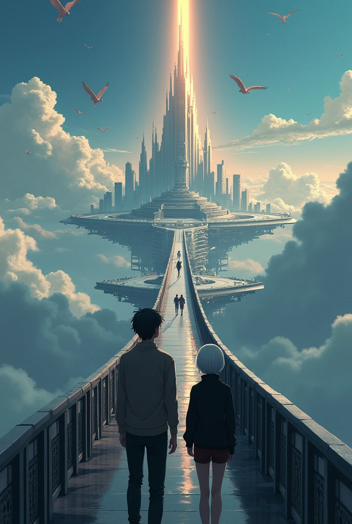 The image is anime style cowboy bebop and Darker than black with shadows and dim lights, anime style although somewhat adult and dark, en ella se muestra a dos personas In the distance, A black-haired adult wearing a sweater and an albino adult woman with short white hair wearing a black sweater and small dark red shorts walking on a very technological and cyberpunk bridge, very wide and colossal on the way to heaven, the bridge is seen above the clouds, In the distance, at the other end of the bridge, You can see the Tower of Babel rising to the top, with thousands of angels flying around him. The image is focused from far away and from a higher image plane.. In the background of the city you can also see biblicaly accurate angels