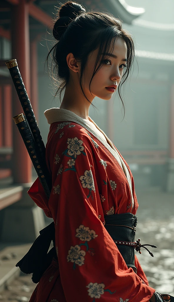 Samurai Girl, Her short black hair was tied back, Wearing a Japanese kimono and hakama, Two Japanese swords are crossed at her waist., ((masterpiece, Highest quality, Best image quality, High resolution, Realistic, RAW Photos, 8k)), ((Highly detailed CG synthesis 8k wallpaper)), (Huge and stunning goddess shot, Very hot and sexy, Incredible beauty, Perfect Proportions, Beautiful body, Slim body beauty:1.4),