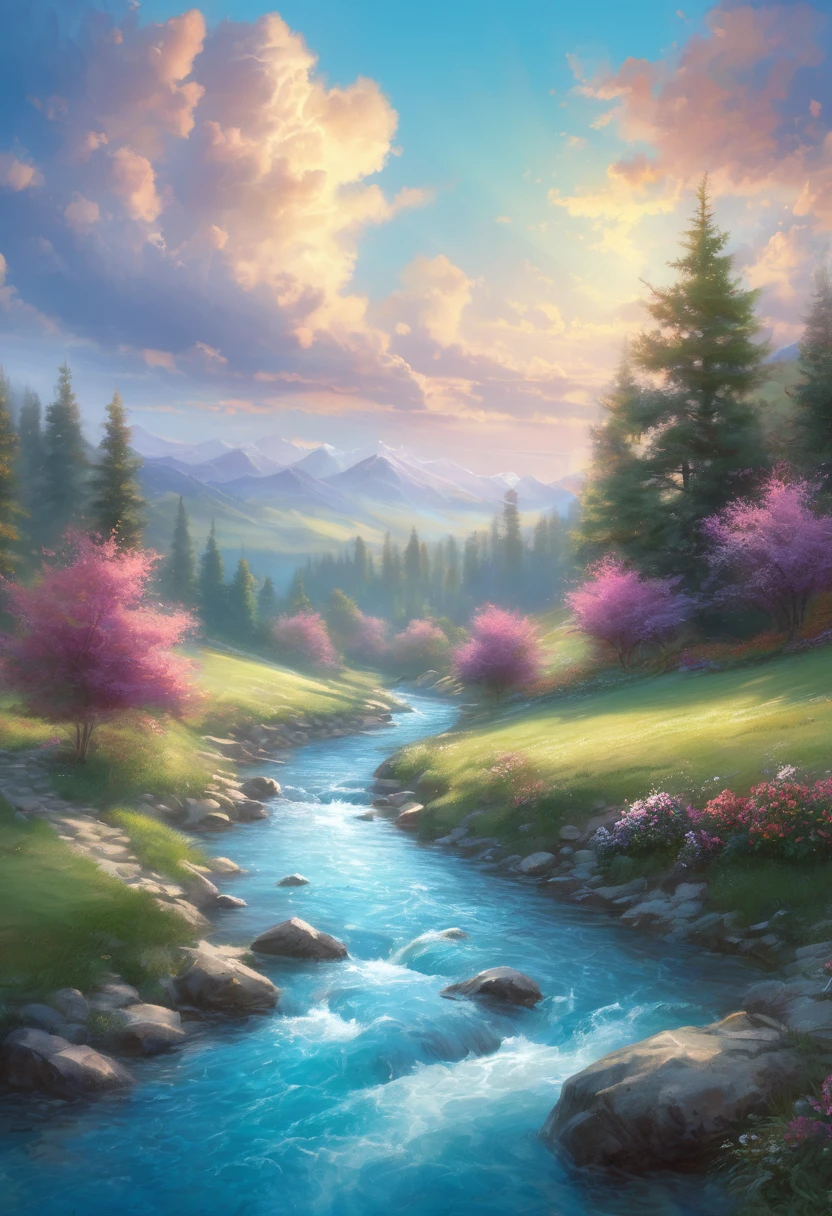 (magical pretty Sky blue stream overlay scene), (Sky), (cloud), Soft lighting, Clean background, beautiful Sky scenery, masterpiece, high quality, Beautiful Graphics, High Detail,Illustrated by Thomas Kinkade, Art Station, Clear focus, Inspiring 8K Wallpapers,