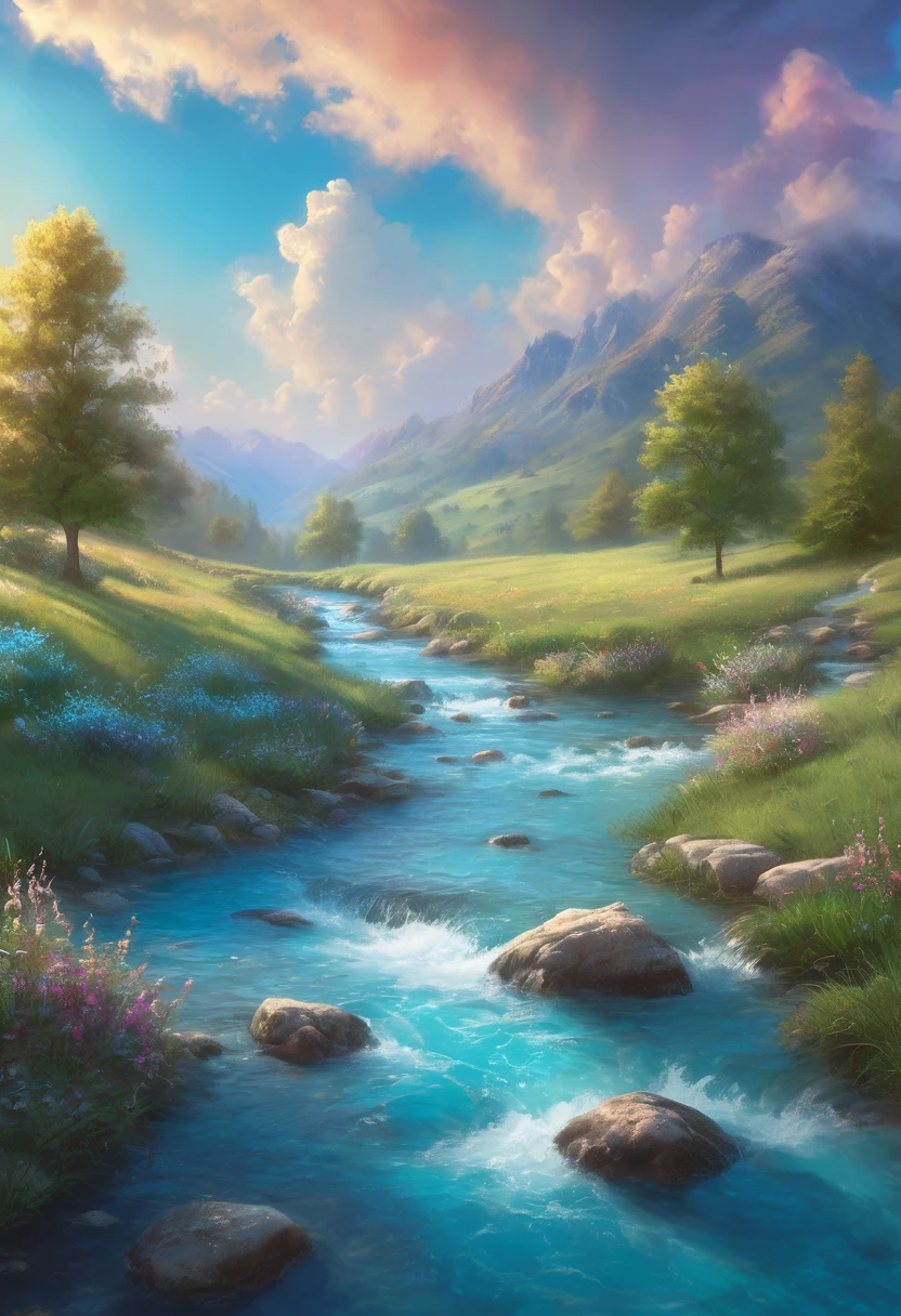 (magical pretty Sky blue stream overlay scene), (Sky), (cloud), Soft lighting, Clean background, beautiful Sky scenery, masterpiece, high quality, Beautiful Graphics, High Detail,Illustrated by Thomas Kinkade, Art Station, Clear focus, Inspiring 8K Wallpapers,