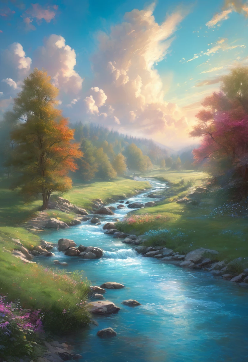 (magical pretty Sky blue stream overlay scene), (Sky), (cloud), Soft lighting, Clean background, beautiful Sky scenery, masterpiece, high quality, Beautiful Graphics, High Detail,Illustrated by Thomas Kinkade, Art Station, Clear focus, Inspiring 8K Wallpapers,