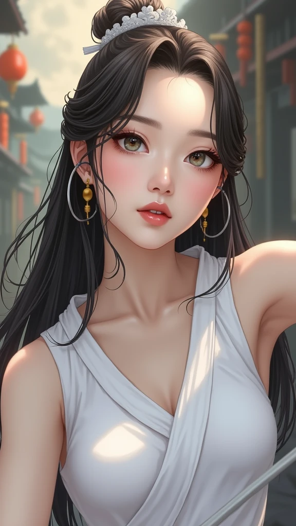masterpiece, Best, night, Full Moon, 1 female, Mature woman, Chinese, Ancient China, elder sister, Royal sisters, Cold Face, Expressionless, Silver-white hair woman, Light pink lips, Calm, Intellectuals, Triple Strike, Gray Eyes, assassin, Long Sword, swordsman, fighting, Street View, Facial details,