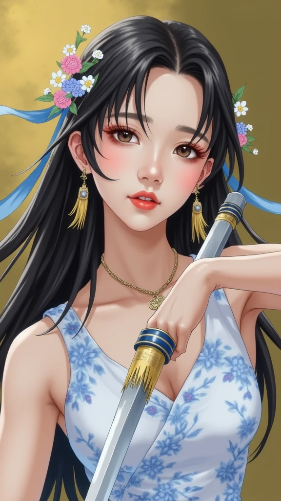 Best, masterpiece, Super detailed high resolution, (Practical: 1.4), Watercolor style, illustration, Bright background color,, 1 girl with weapon, (Personal Exhibition: 1.2), (牛仔布lens: 1.2), (Crown: 1.2), Traditional costumes of Dunhuang, China, Strapless, (Red Eyeliner: 1.2), (: 1.4), earrings, Dynamic Angle, opera, Messy_Long_hair, ink, Lighting, lens_Flare, Velvet, chrysanthemum, tassel, Ribbon, Colorful embroidery,