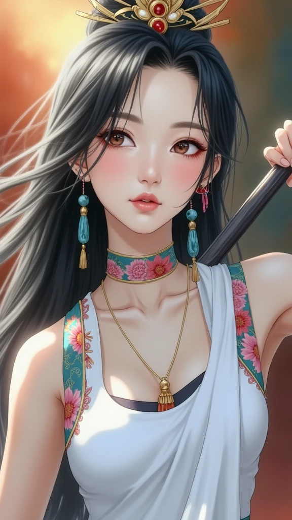 Best, masterpiece, Super detailed high resolution, (Practical: 1.4), Watercolor style, illustration, Bright background color,, 1 girl with weapon, (Personal Exhibition: 1.2), (牛仔布lens: 1.2), (Crown: 1.2), Traditional costumes of Dunhuang, China, Strapless, (Red Eyeliner: 1.2), (: 1.4), earrings, Dynamic Angle, opera, Messy_Long_hair, ink, Lighting, lens_Flare, Velvet, chrysanthemum, tassel, Ribbon, Colorful embroidery,