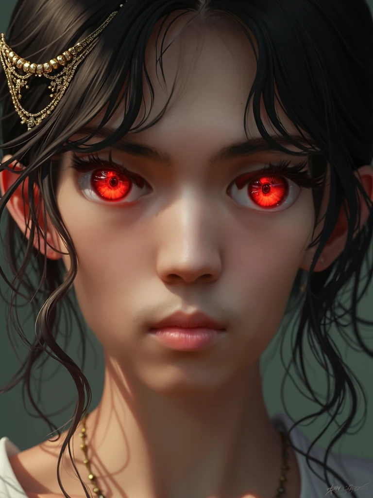 1girl, colored sclera, colored skin, colored tongue, fangs, glowing, glowing eyes, green background, horns, long hair, looking at viewer, multicolored hair, open mouth, pink eyes, pointy ears, saliva, sharp teeth, slit pupils, solo, teeth, tongue, tongue out