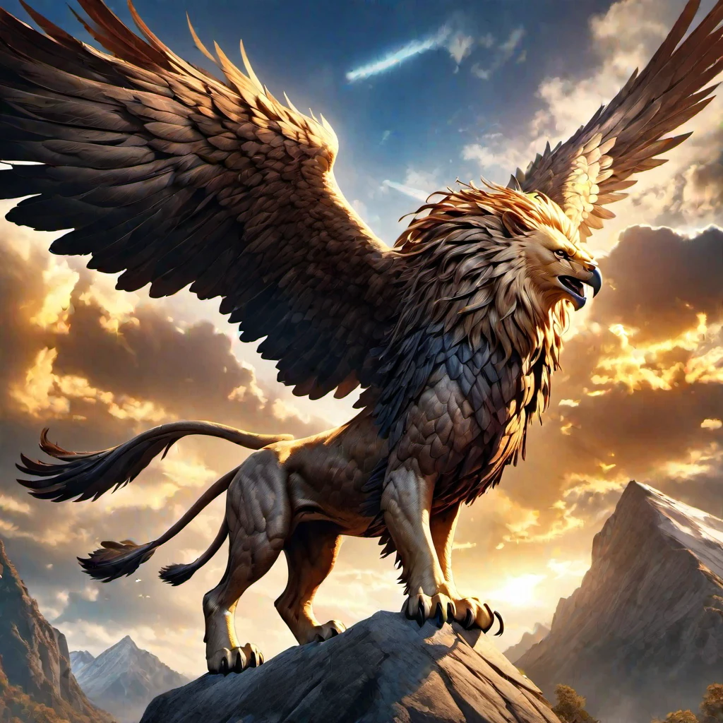 A majestic, legendary griffon creature, a fusion of an eagle's head and a (lion's body), slender and muscular, brave and heroic, intellectual and dignified, with angelic and regal eagle wings, hyper-realistic, cinematic lighting, dramatic colors, intricate details, masterpiece, ARW