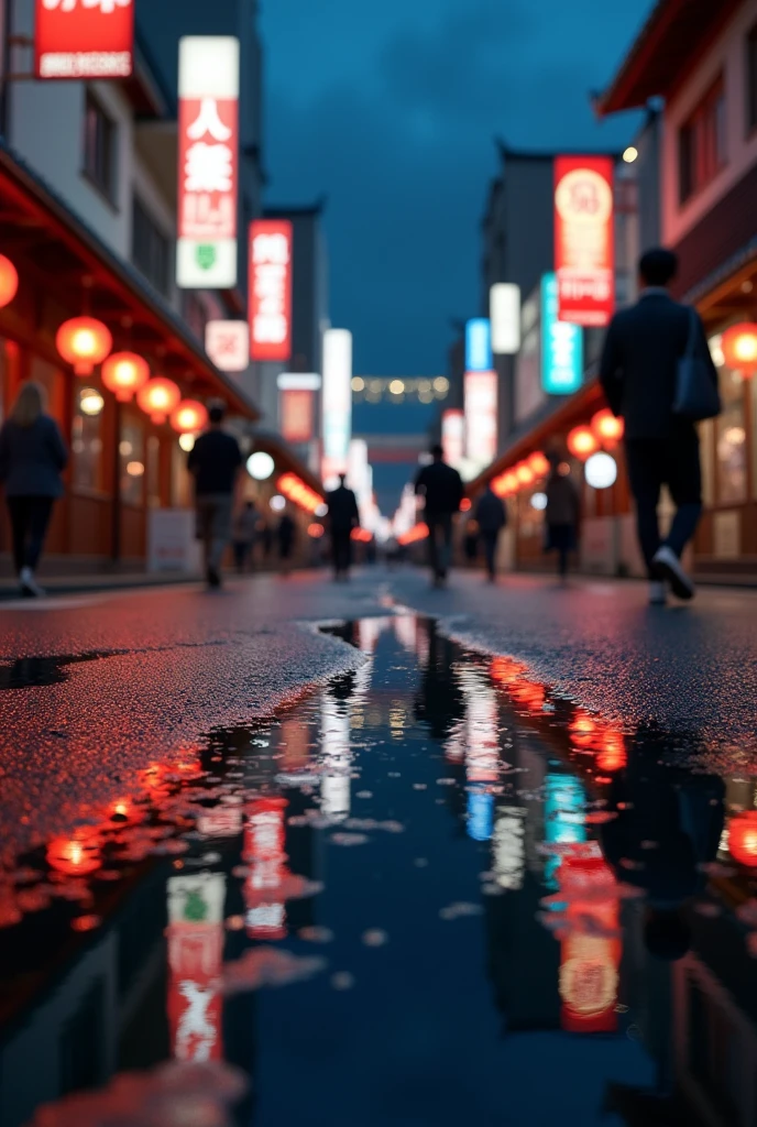 masterpiece,Highest quality,(Ultra-high definition CG Unity 8K wallpaper),(Highest quality),Physical Rendering,puddle,Scenery reflected on the water surface,Reflection of light,night,Busy Street,Passers-by々、Blur the foreground、Asakusa Street、