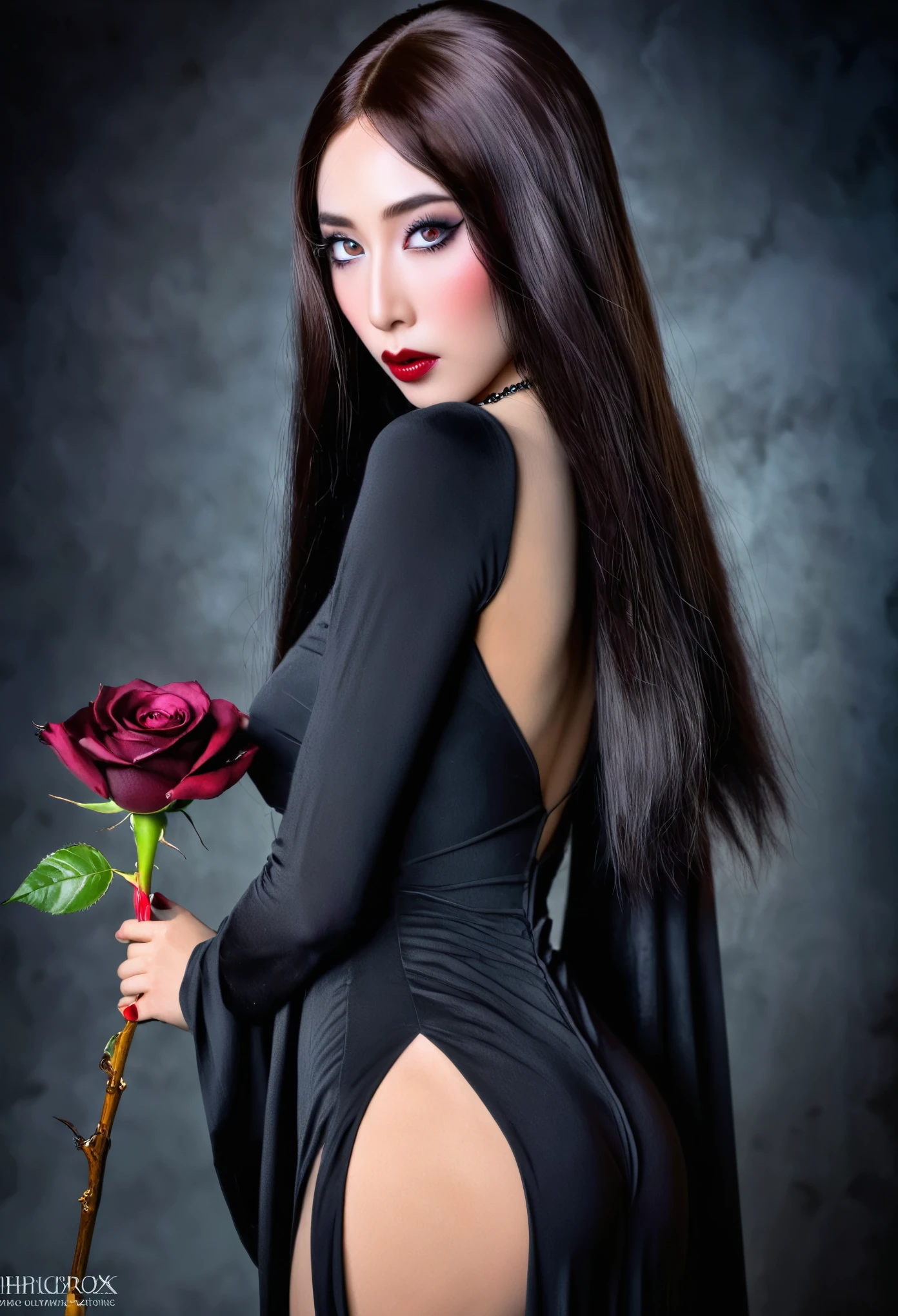 a cute Yuna in cosplay as Morticia Adams, beautiful detailed eyes, beautiful detailed lips, extremely detailed eyes and face, long eyelashes, slinky black dress, deep v down middle, deep thigh slits, sultry pose, holding a black rose, 8k, best quality, high resolution, masterpiece, ultra-detailed, realistic, photorealistic, HDR, studio lighting, extreme detail description, vivid colors, dark gothic, chiaroscuro lighting, moody atmosphere, dramatic lighting