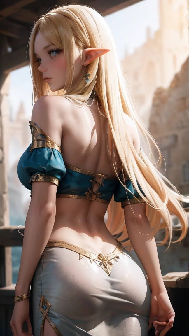 Ariel, upper body portrait, elf, beautiful, rags, slave clothes, slave, midriff, fit, long hair, cowboy shot, rear view looking back, desert background, realistic fantasy ,concept art, mature, adult, wide hips, big ass, blonde hair,