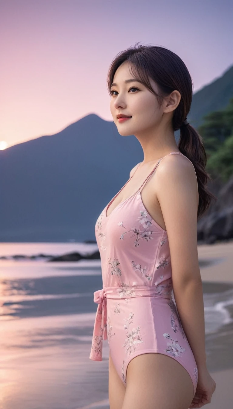 A beautiful 2 Japanese woman with her hair tied back in a ponytail stands on a quiet beach near a towering mountain under the night sky. She wore a pink, floral swimsuit that accentuated her curvaceous figure, accentuating her firm and well-proportioned breasts. The soft glow of moonlight illuminates the view, reflecting off the gentle waves and casting a silvery glow on the mountains in the background. She smiled broadly and sweetly, her joyful expression adding warmth and charm to the calm and magical atmosphere of the evening.