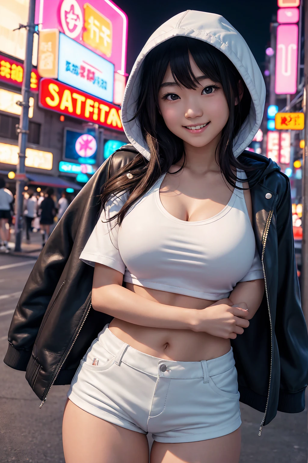 A young Japanese girl, wearing a white t-shirt, a leather jacket and a hood up.demin short pants,ankle_socks,sneaker, She was looking at me with a smile on her beautiful face, her breasts so big that they accentuated her cleavage.jumping,Late night entertainment district with dazzling neon lights
