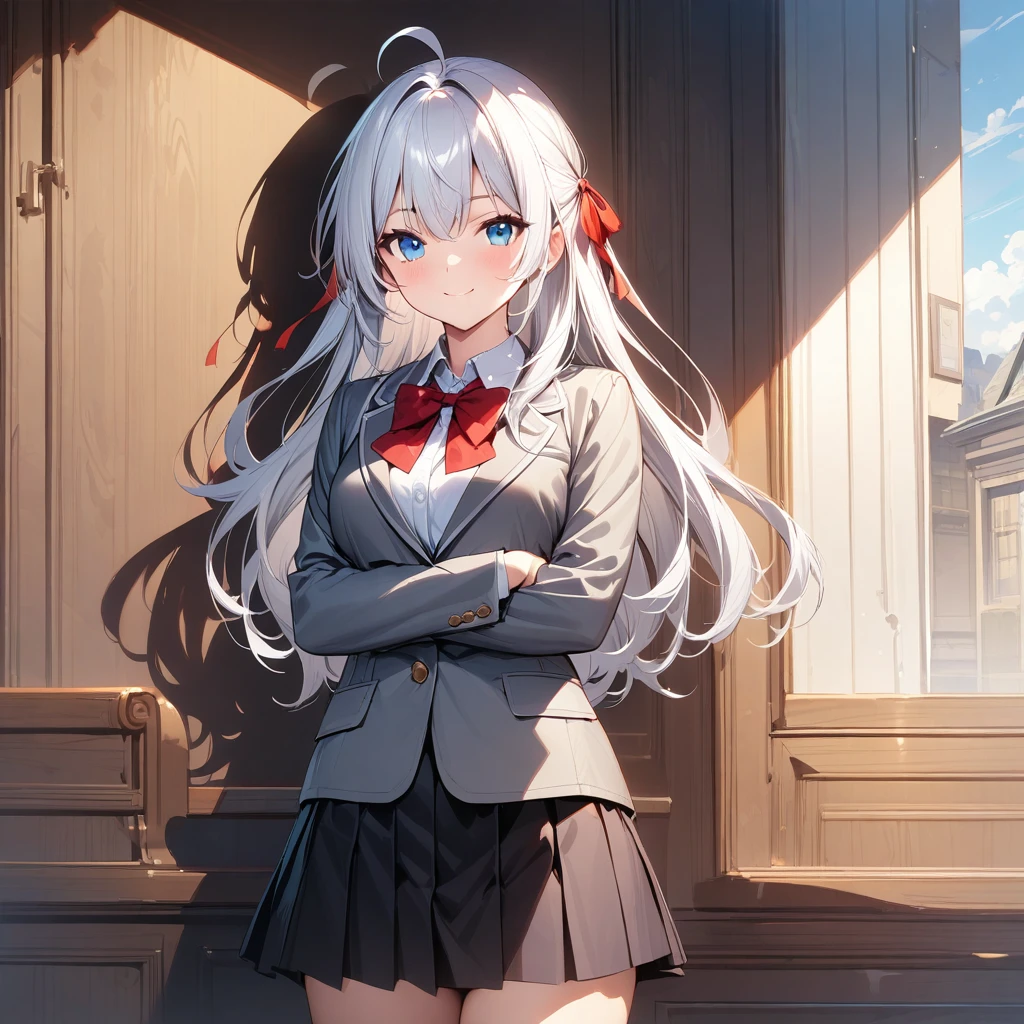 (masterpiece),(best quality),(ultra-detailed),(best illustration),(best shadow),(absurdres),(detailed background),(very aesthetic), alya(roshidere), white hair, long hair, bangs, blue eyes, hair ribbon, ahoge, red ribbon, skirt, shirt, long sleeves, bow, , jacket, white shirt, pleated skirt, collared shirt, bowtie, black skirt, red bow, red bowtie, blazer, grey blazer, long sleeves, upper body view, crossed arms, smile,