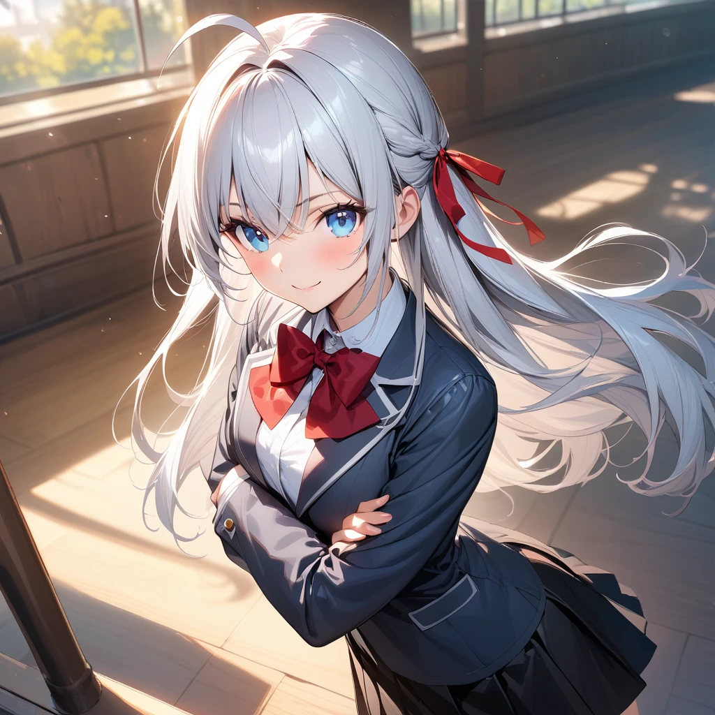 (masterpiece),(best quality),(ultra-detailed),(best illustration),(best shadow),(absurdres),(detailed background),(very aesthetic), alya(roshidere), white hair, long hair, bangs, blue eyes, hair ribbon, ahoge, red ribbon, skirt, shirt, long sleeves, bow, , jacket, white shirt, pleated skirt, collared shirt, bowtie, black skirt, red bow, red bowtie, blazer, grey blazer, long sleeves, upper body view, crossed arms, smile,