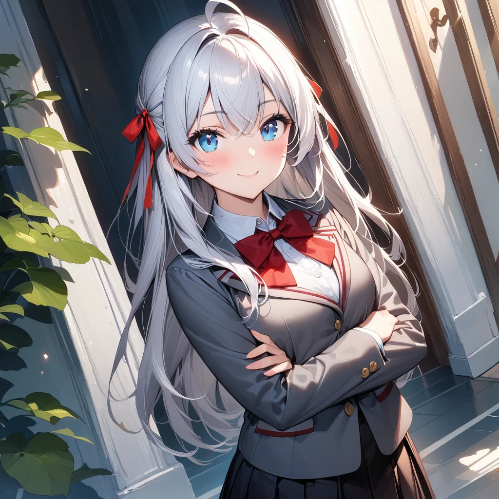 (masterpiece),(best quality),(ultra-detailed),(best illustration),(best shadow),(absurdres),(detailed background),(very aesthetic), alya(roshidere), white hair, long hair, bangs, blue eyes, hair ribbon, ahoge, red ribbon, skirt, shirt, long sleeves, bow, , jacket, white shirt, pleated skirt, collared shirt, bowtie, black skirt, red bow, red bowtie, blazer, grey blazer, long sleeves, upper body view, crossed arms, smile,