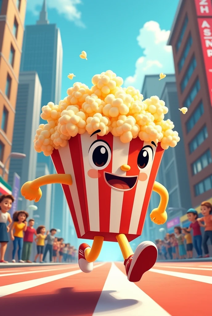 an illustration of a cute popcorn pack with feminine features running in a street race like a professional runner 
