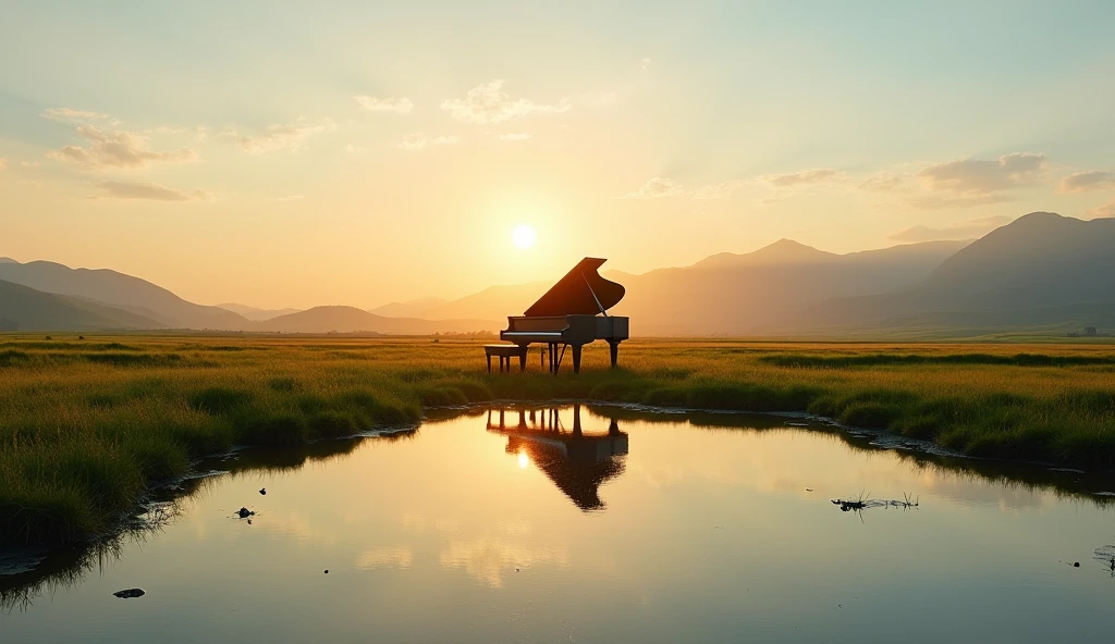 It depicts a peaceful landscape photographed at sunrise.。The sky is a warm orange、yellow、And filled with a pale blue、In front of me is a calm water surface.、Silhouettes of hills and mountains in the distance are visible。In the middle ground、さまざまな緑色とyellowの畑が広がっており、A large black grand piano sits on grass and cultivated land。This image is、nature、Tranquility、Interesting themes related to the beauty of dawn and dusk。