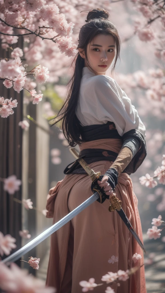 ((A beautiful woman holding a sword)), whole body, Hakama style, Wearing zori shoes, Combat pose, Black hair ponytail, (masterpiece, 最high quality, high quality, High resolution, Very detailed), Background is cherry blossoms, Cherry blossom petals fluttering, Glossy, beautiful lips, KPOP idol faces