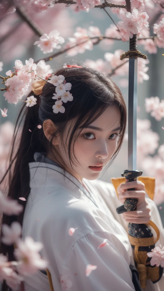 ((A beautiful woman holding a sword)), whole body, Hakama style, Wearing zori shoes, Combat pose, Black hair ponytail, (masterpiece, 最high quality, high quality, High resolution, Very detailed), Background is cherry blossoms, Cherry blossom petals fluttering, Glossy, beautiful lips, KPOP idol faces