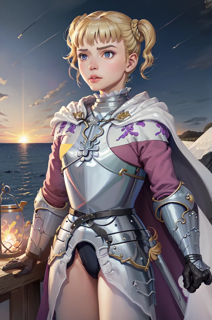 Farne Arm, alone, Short Twin Tails, (lips:0.7), armor, breastplate, Gauntlet, Cape, View your viewers, Mature Woman, (Severe:0.5), Traditional Media, (fire:0.7), Night Sky, 残りfire, Town centre, Medieval, Cowboy Shot, 黒紫のarmor