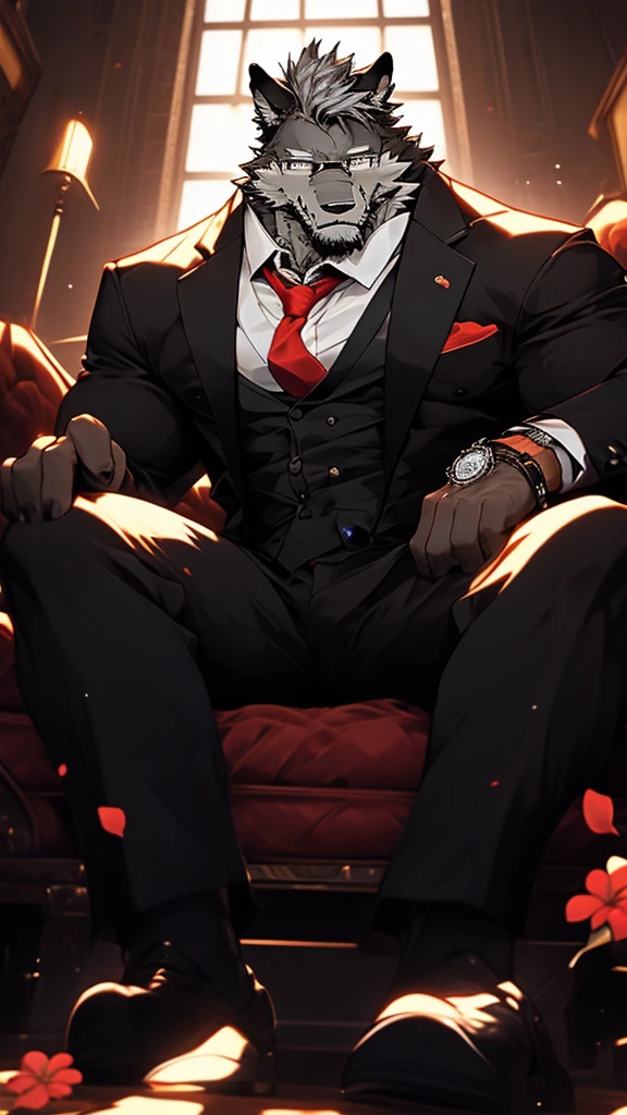 muscular demon, red skin, dark horns, serious tired look, red eyes, straight pose, black jacket, red tie, sofa, digital art, hyper detailed, 8k, masterpiece, cinematic lighting, dramatic shadows, chiaroscuro, moody, gritty, gothic, dark fantasy