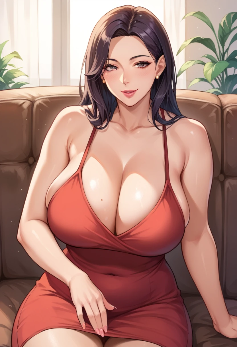 1girl, mature female, older, huge breasts, milf, motherly, wide hips, curvy, collarbone, lips, score_9, score_8_up, score_7_up, score_6_up, source_anime, Accurate describe shapes, beautiful face, expressive eyes, looking at viewer, solo, close-up, sitting, sofa, indoors, scenery, dramatic lighting, seductive smile