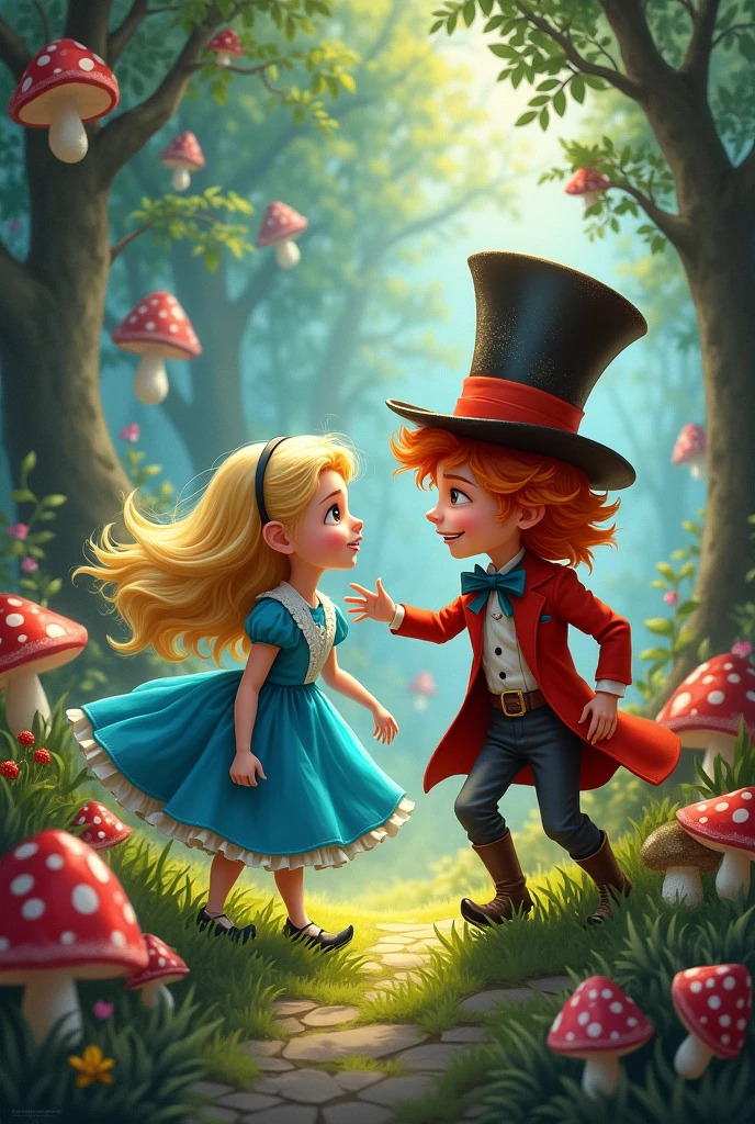 Alice in Wonderland, Alice and the Mad Hatter children playing in the enchanted forest