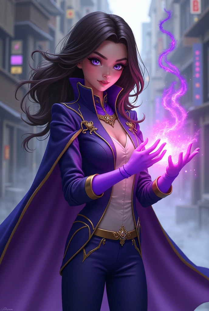 r with long, semi-wavy dark brown hair, thin and almond skin, purple and blue eyes, purple magic through her hands, in agent suit/Superhero with royal style and neutral colors with certain lilac tones, a purple cape.