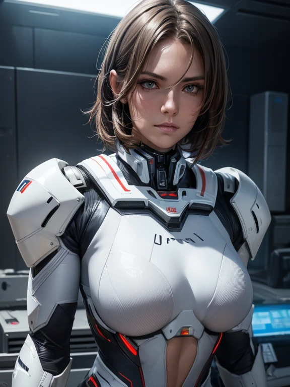 masterpiece, best quality, ultra realistic, hyper-detailed, 8k resolution, RAW photo, sharp focus, (1girl), solo, gorgeous face, perfect body, mature female, 25yo,  portrait, mecha, white armor, nanosuit, sexy, messy hair, cinematic, cinematic light, dark theme