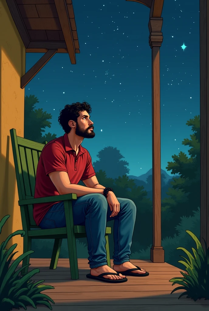 "The medium height, medium build white man with short, curly black hair, white skin, brown eyes, and a goatee is dressed in a red polo shirt, blue jeans, and black Havaianas flip-flops. He has black bracelets on each wrist. He sits on a green chair on the porch of a house at night, with a brown floor beneath him and a yellow wall behind. He gazes up at the starry sky, lost in thought, as the serene night envelops him." Medieval art 