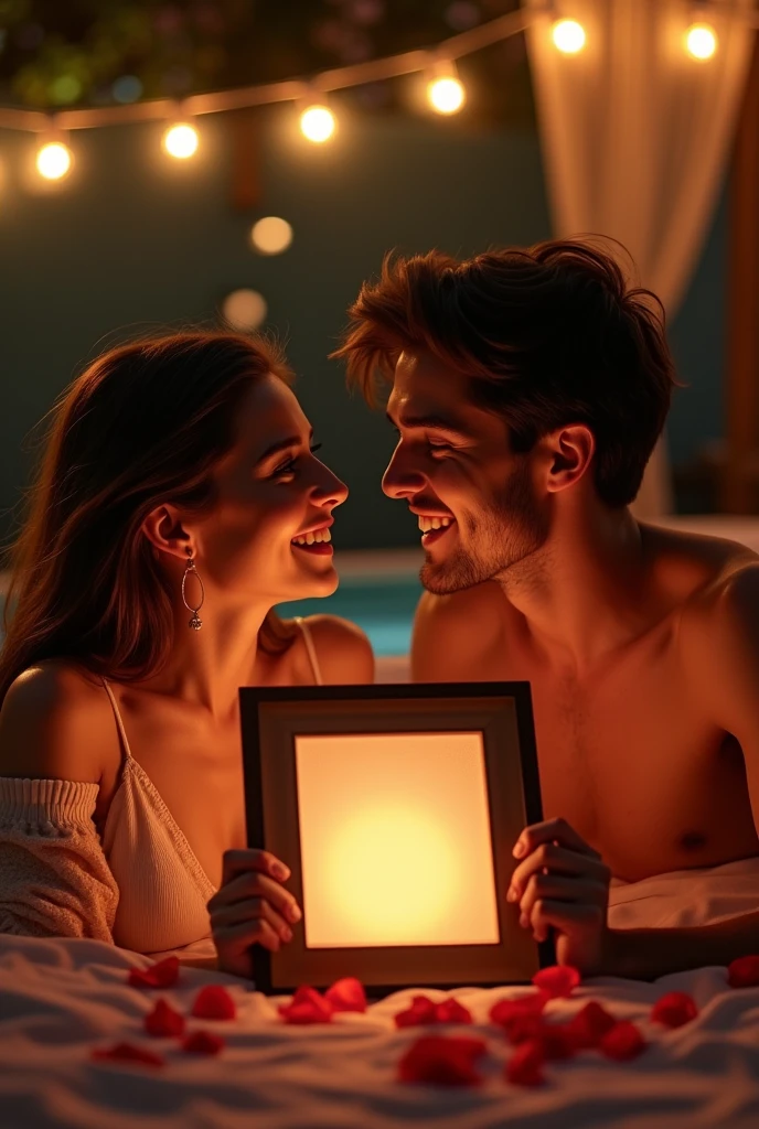 Two realistic images of a young, radiant and in love couple receiving a framed photograph as a memento of their romantic evening at a boutique motel. The room is decorated with dim lights, rose petals and a bubbling hot tub in the background.