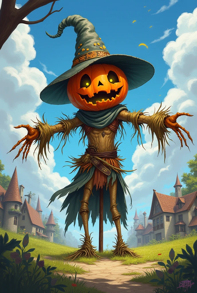 Hornyfier, a laughing scarecrow standing at the mouth of a demonic stream, (Artwork:1.3) (best quality:1.2) (high quality:1.1)