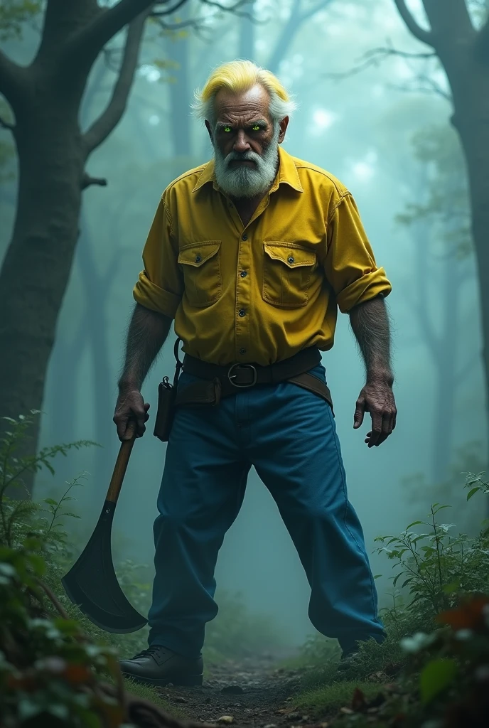 A grandfather with yellow hair,with blue pants,bright green eyes,that is in a foggy forest,that has a shiny iron machete,have a yellow shirt,angry and looks scary 