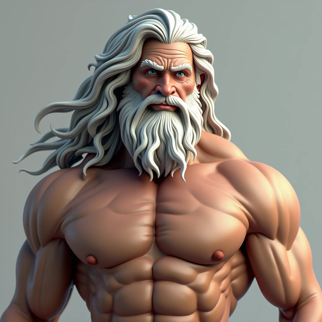 A muscular, nude Greek god Zeus with long hair, piercing blue eyes, a white beard and a mischievous, flirtatious expression, (best quality,4k,8k,highres,masterpiece:1.2),ultra-detailed,(realistic,photorealistic,photo-realistic:1.37),HDR,UHD,studio lighting,ultra-fine painting,sharp focus,physically-based rendering,extreme detail description,professional,vivid colors,bokeh,portrait,fantasy,highly detailed anatomy,award-winning