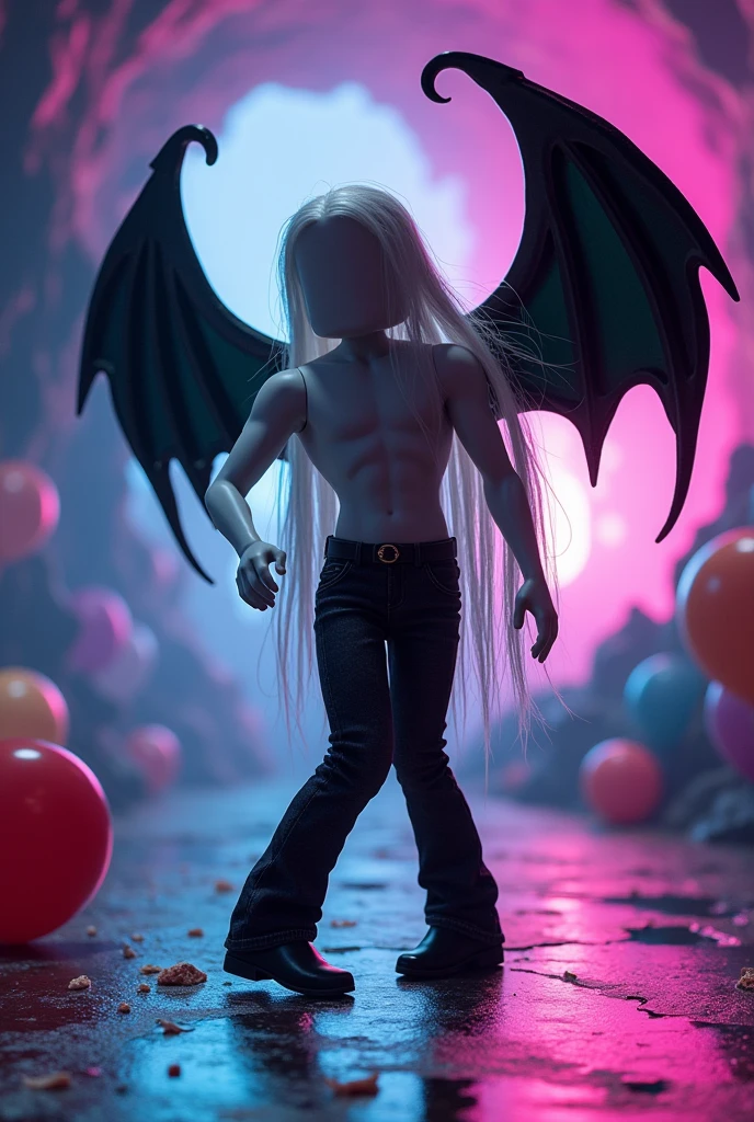 Beautiful tall square Roblox male doll, with long white hair, rocker clothes with black jeans and two black bat wings and no lips, white skin, no mouth and beautiful body, dancing in a cave with balloons, cartoon, Vice City GTA, background of a ceuva with a dance floor