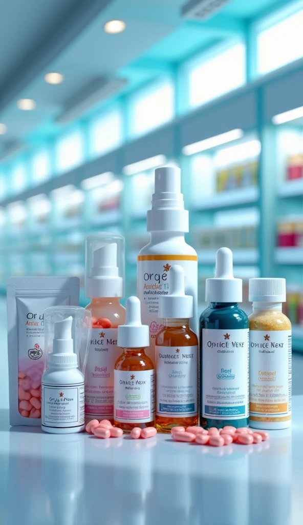 A variety of anti-allergy packages in a pharmacy, showing pills, syrups, nasal sprays and ointments.. scientific visual, bright and futuristic.