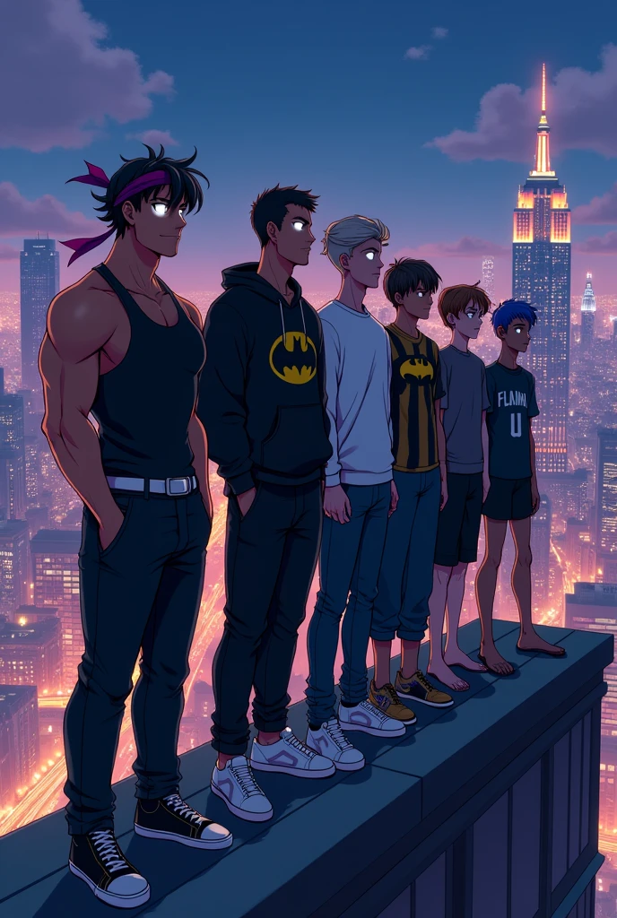 Create an image of 8 anime style friends, in the background there is a city and it is night in the city, New York style, and they are side by side on top of a building looking at the view.
The first friend, he is wearing a black tank top and his arms have veins, he wears baggy black jeans, it is white in tone.
he has black hair and he has a purple headband tied around his head, he has a confident face, but without smiling. Ele está com um com tennis
totalmente preto. He is tall.
The second friend, wears black clothes, is wearing a sweatshirt and black pants, and shoes too. is wearing a black hat. and his mouth has a slight smile. and his eyes shine white. your hair is black. He has a white belt around his waist. He is tall.
The third friend, is wearing jeans and a Batman symbol sweatshirt. e um tennis preto também. your hair is black, and your skin tone is dark. He is tall.
The fourth friend, está com um tennis branco está usando uma calça jeans preta, and a turtleneck shirt, ele tem o cabelo castanho e esta sorridente e Her skin tone is fair. He is tall.
The fifth friend, is wearing baggy black pants, e um tennis branco, Her skin tone is fair, his shirt is gray and his hair is light brown, e He is tall.
The sixth friend, is wearing all white clothes, tennis, shirt and pants, and your hair is white too, he has light skin tone. He is tall.
The seventh friend, is wearing a Flamengo shirt (Brazilian soccer team)
o your hair is black e usa uma calça social, and your skin tone is dark. and has tattoos on his arms, e He is tall.
The eighth friend, is wearing a black shirt, um short/ben 10 shorts, and he is barefoot, your hair is blue.