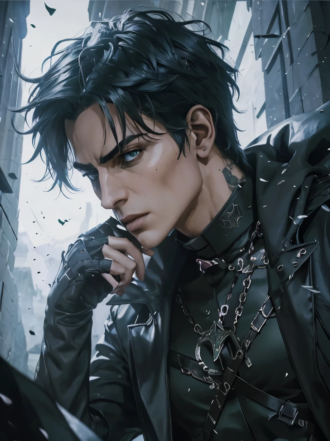 (an androgynous male assassin:1.1),wild black hair,green eyes,slim,black assassin clothing,in a castle,medium:oil painting,detailed background,moody lighting,vivid colors,dark and mysterious ambiance,ominous atmosphere