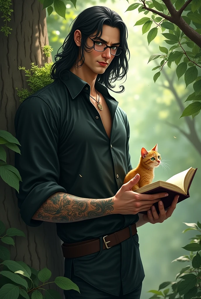 A man with 6'9 , green eyes a little long black hair right arm with tattoo and a book in his hand with his eyeglasses without beards and a little cat near him
And he has a soft smile