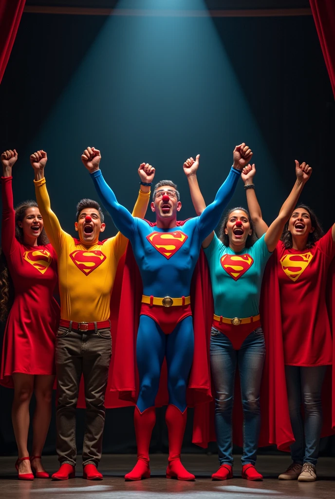 Group of 5 common people between men and women with Latin features, They are between 8 and 60 years old,dressed as superman with a cape, They wear a colorful shirt, They wear a small red Clown nose, They are raising their arms and have expressions of joy, They are in the middle of a theater stage with the curtain open 