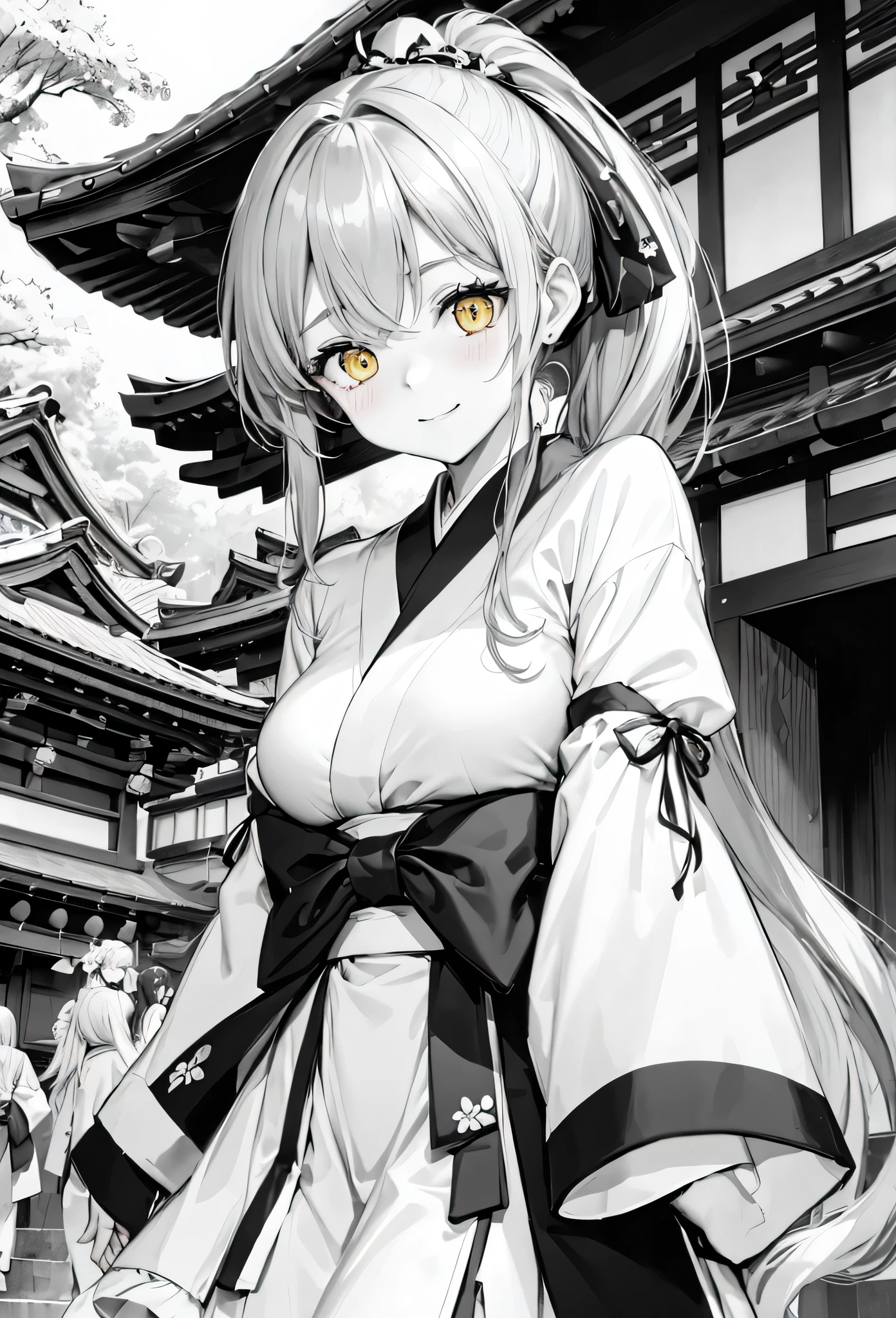 ((monochrome style)), (15 yo) (beautiful ponytail) (beautiful detailed gray hair long hair), (immensely cute girl) (best cute yellow eyes) (Embarrassed look smile, blushing face) (medium:1.3 tits), in a detailed shrine maiden clothes, break, in the white and black Dazaifu Tenmangu Shrine, background beautiful white sky, BREAK, 16k, masterpiece, best quality, immensely detailed monochrome.
