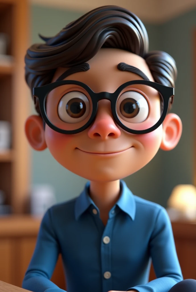 Cartoon character of a man in black glasses and blue shirt, an animated character, stylized character, animation style rendering, 3d stylized, Arnold Maya rendering, Stylized 3D rendering, toon render screenshot, 3d character, 3d character, Stylized 3D rendering, 3D character rendering, cartoon character, Personagem de close up, character posing, (Pixar-style) (master part:1.2) (bokeh) (best qualityer) (skin detailed) (detailed texture) (8k) (Argilla) (cinematic lighting) (sharp focus,Sit down and lift your upper body