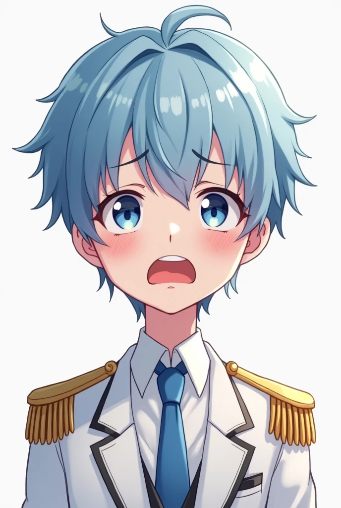 images for a Cute PNGTuber Model Cute male tuber PNG model with blue hair with blue and half dark blue eyes white shirt with blue tie and white prince coat with gold shoulder details fear expression