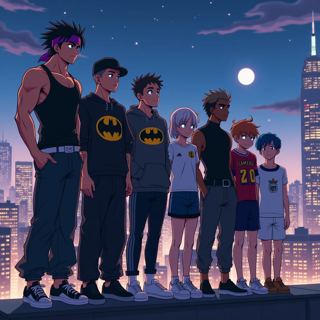 Create an image of 8 anime style friends, in the background there is a city and it is night in the city, New York style, and they are side by side on top of a building looking at the view.
The first friend, he is wearing a black tank top and his arms have veins, he wears baggy black jeans, it is white in tone.
he has black hair and he has a purple headband tied around his head, he has a confident face, but without smiling. Ele está com um com tennis
totalmente preto. He is tall.
The second friend, wears black clothes, is wearing a sweatshirt and black pants, and shoes too. is wearing a black hat. and his mouth has a slight smile. and his eyes shine white. your hair is black. He has a white belt around his waist. He is tall.
The third friend, is wearing jeans and a Batman symbol sweatshirt. e um tennis preto também. your hair is black, and your skin tone is dark. He is tall.
The fourth friend, está com um tennis branco está usando uma calça jeans preta, and a turtleneck shirt, ele tem o cabelo castanho e esta sorridente e Her skin tone is fair. He is tall.
The fifth friend, is wearing baggy black pants, e um tennis branco, Her skin tone is fair, his shirt is gray and his hair is light brown, e He is tall.
The sixth friend, is wearing all white clothes, tennis, shirt and pants, and your hair is white too, he has light skin tone. He is tall.
The seventh friend, is wearing a Flamengo shirt (Brazilian soccer team)
o your hair is black e usa uma calça social, and your skin tone is dark. and has tattoos on his arms, e He is tall.
The eighth friend, is wearing a black shirt, um short/ben 10 shorts, and he is barefoot, your hair is blue.
